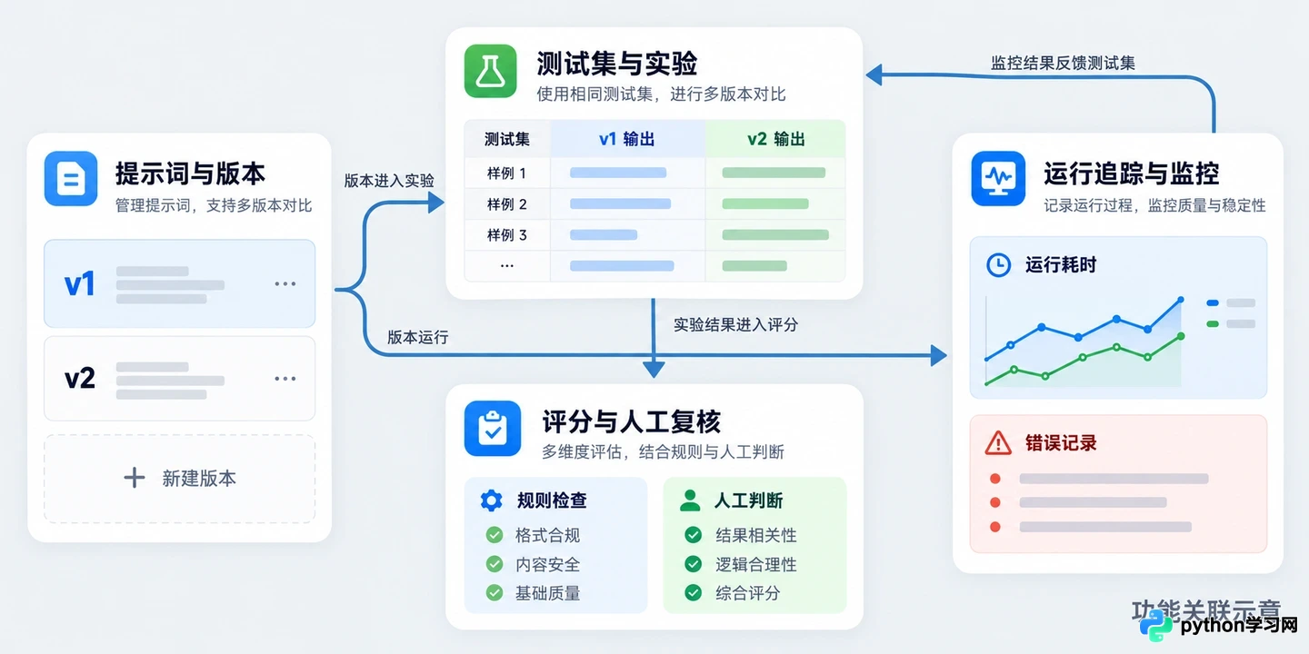 除了存储，优秀的AI提示词工具库还应具备评估与监控功能
