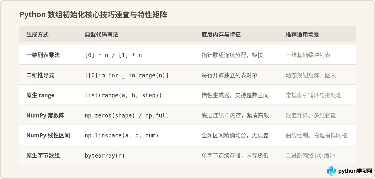 Python快速初始化全0、全1或指定范围数组的技巧