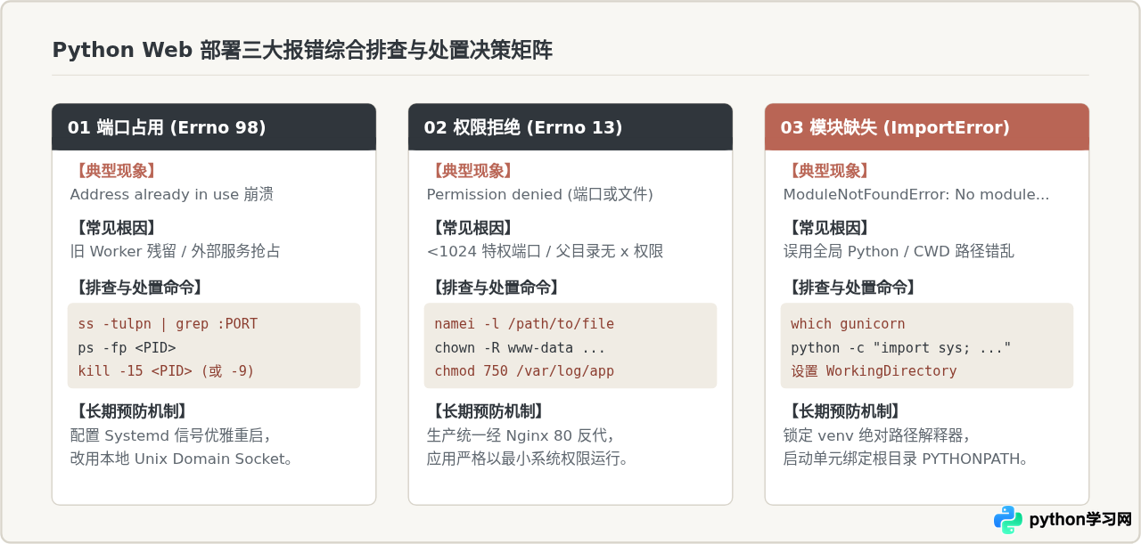 Python Web 服务部署常见报错排查：端口占用、权限拒绝与模块缺失