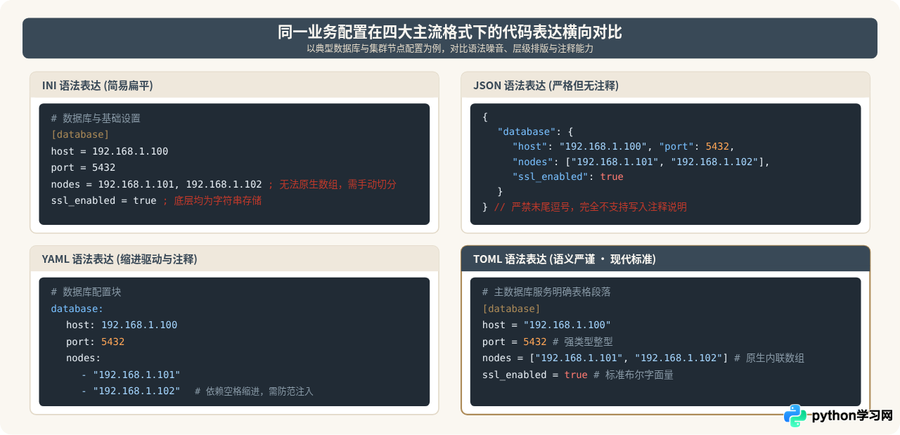 Python主流配置文件格式对比：INI、JSON、YAML与TOML优缺点分析