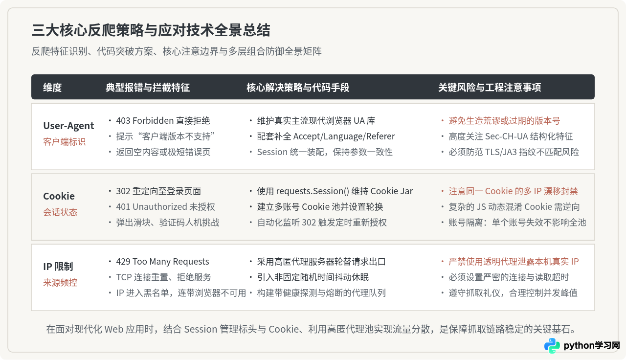Python爬虫反爬策略应对：User-Agent、Cookie与IP限制处理技巧