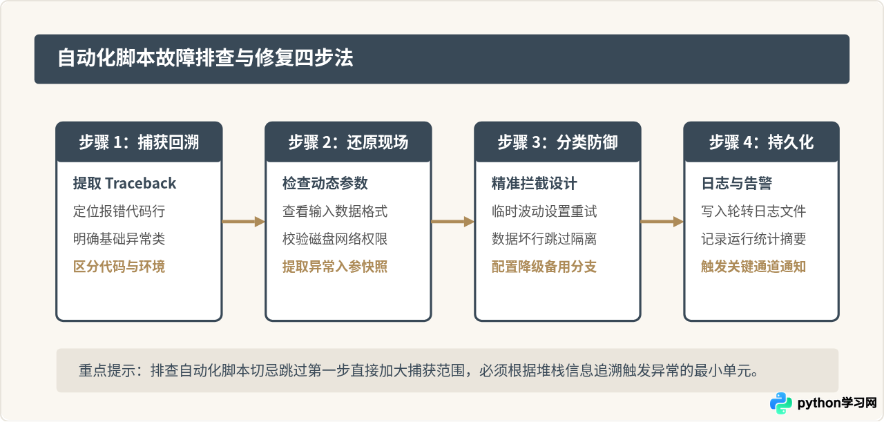 Python自动化脚本报错怎么办?常见异常处理与日志记录技巧