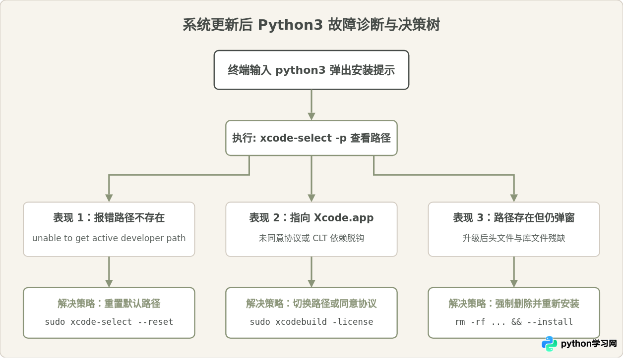 macOS系统更新后Python3再次提示安装命令行开发者工具的修复方法
