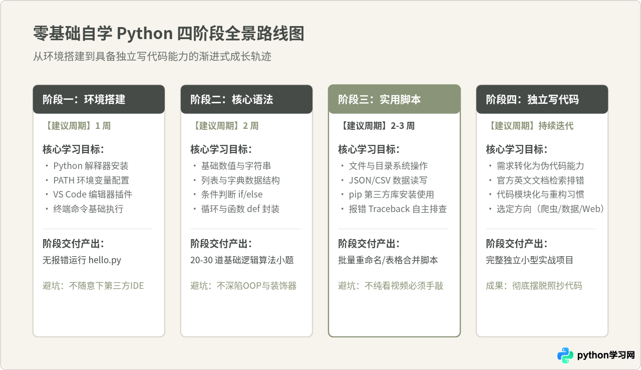 零基础自学Python路线图：从环境搭建到独立写代码