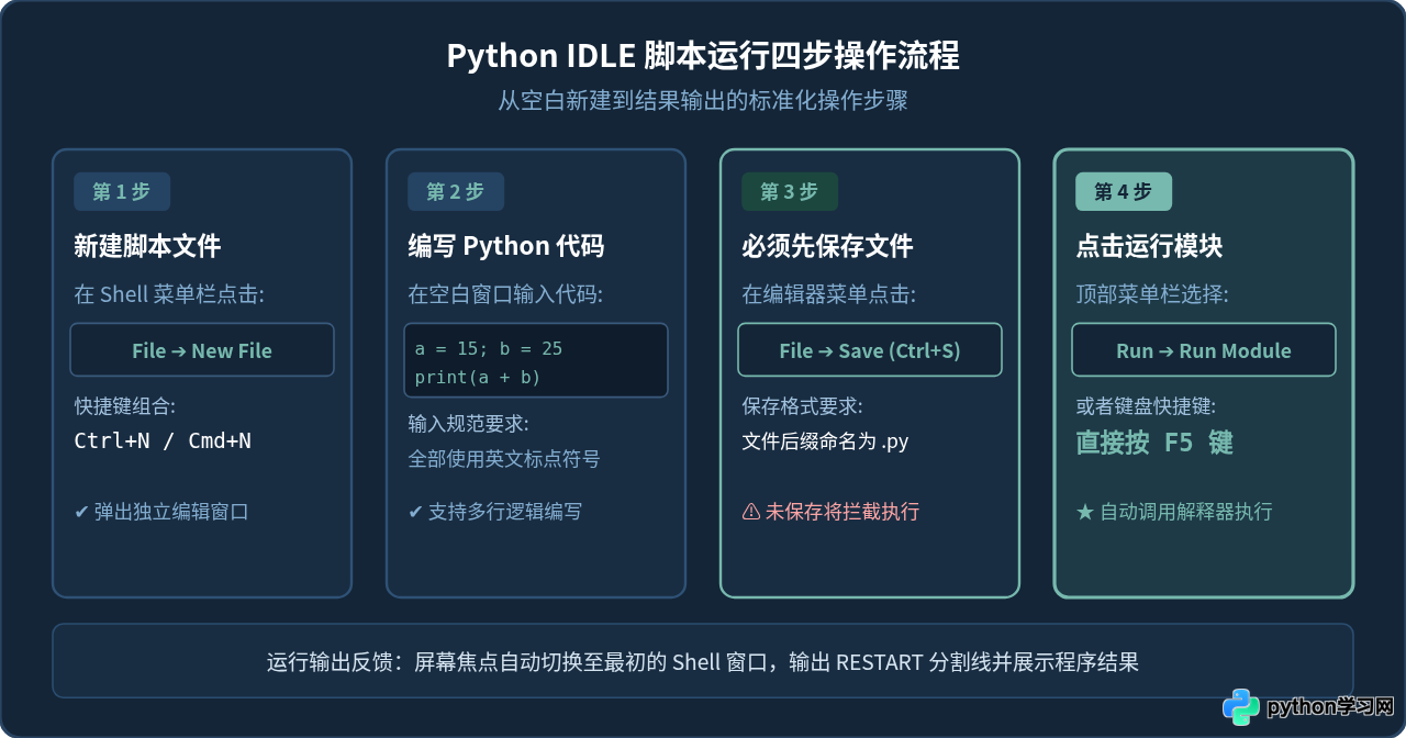 Python IDLE编辑器在哪里点击运行？新手入门操作图解