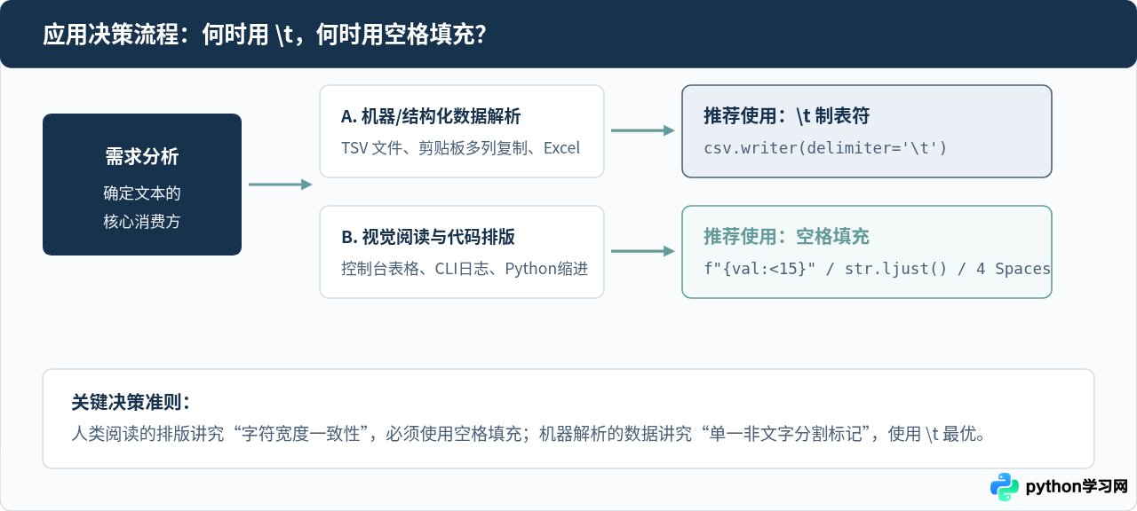 Python中\t制表符与空格填充的区别是什么