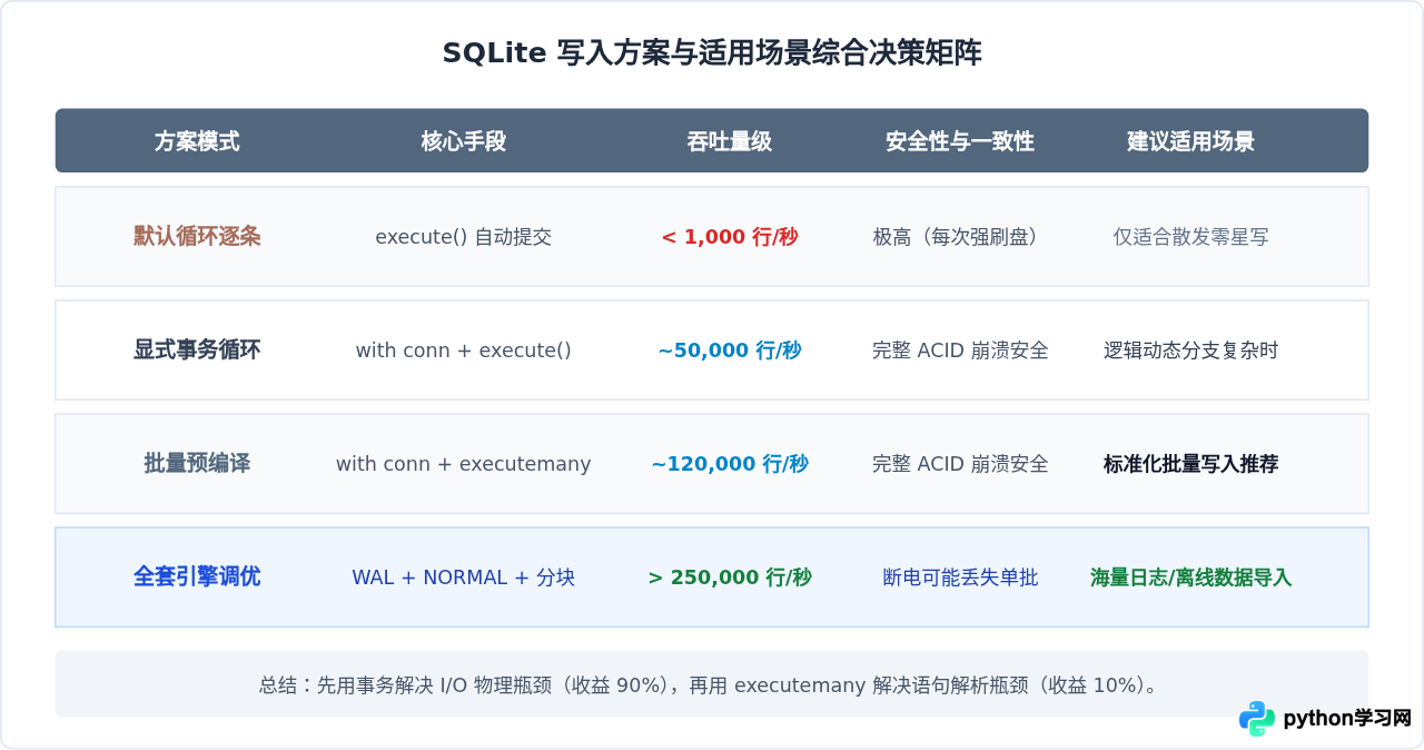 Python sqlite3批量插入优化：executemany与事务性能对比