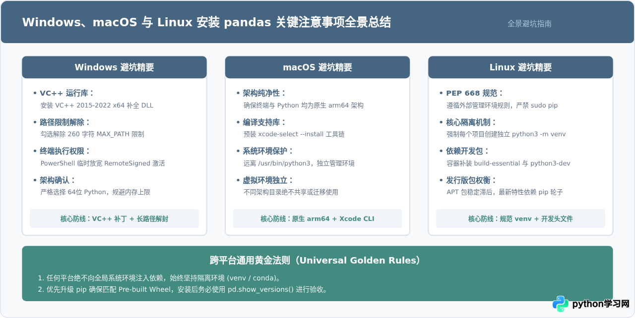 Windows、macOS和Linux下安装Python pandas的注意事项