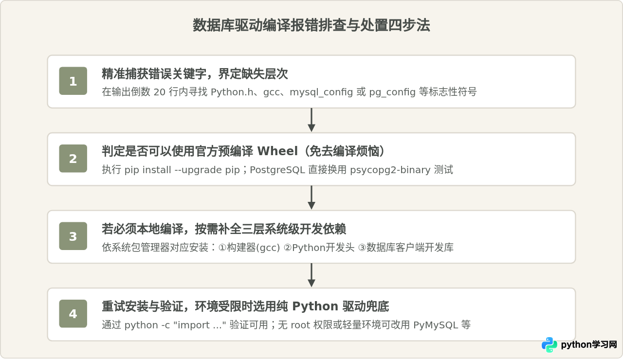 pip安装Python数据库驱动报错怎么办？常见编译错误解决