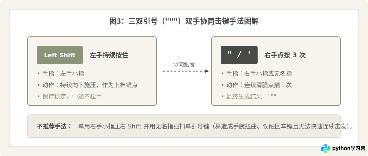 标准键盘上输入Python三引号('''或""")的具体键位与手法
