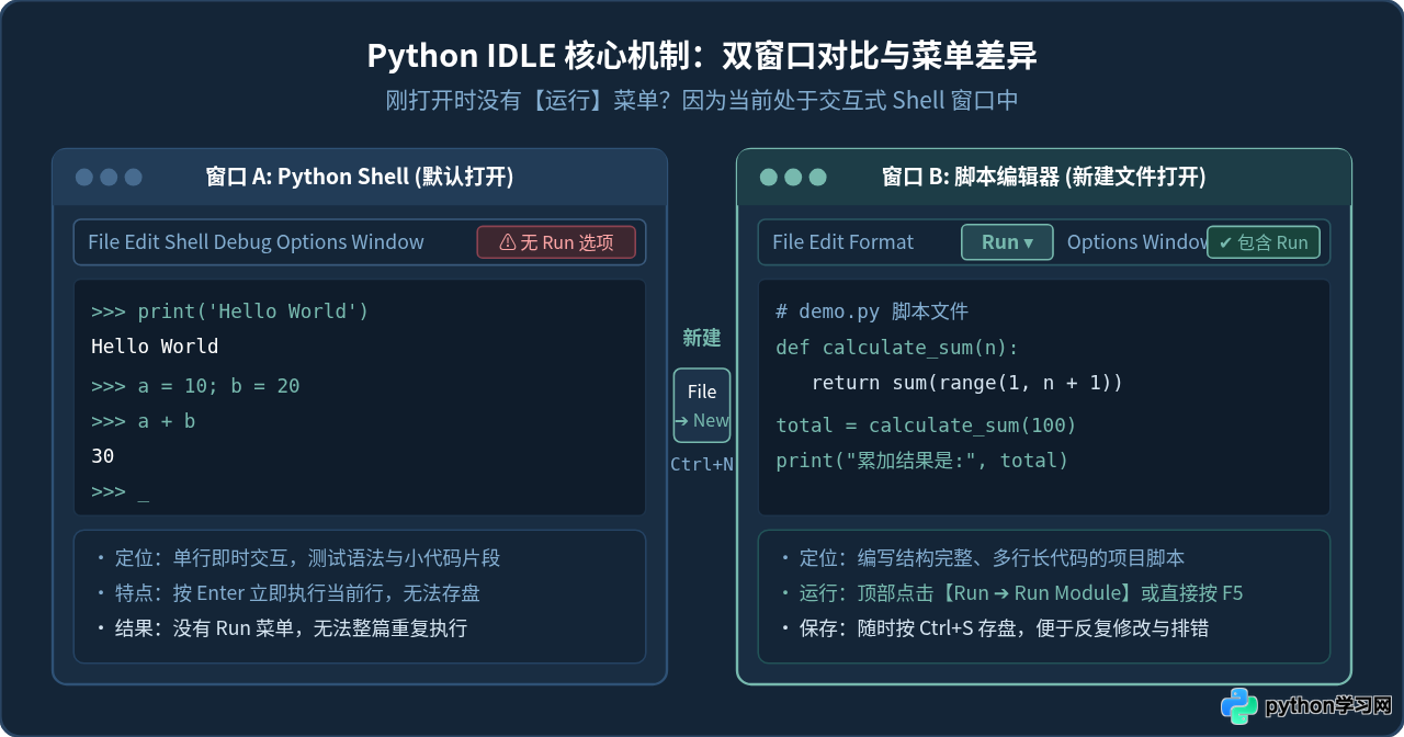 Python IDLE编辑器在哪里点击运行？新手入门操作图解