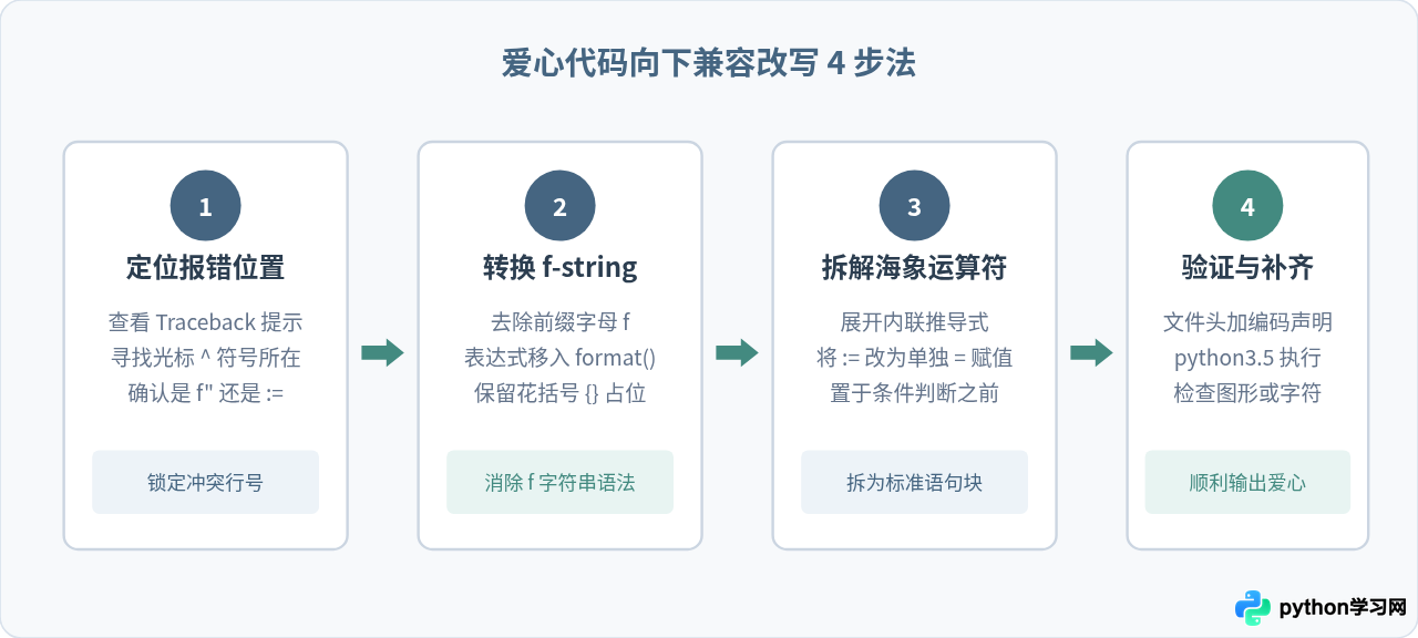 Python 3.8爱心代码在3.5环境报错SyntaxError怎么修？