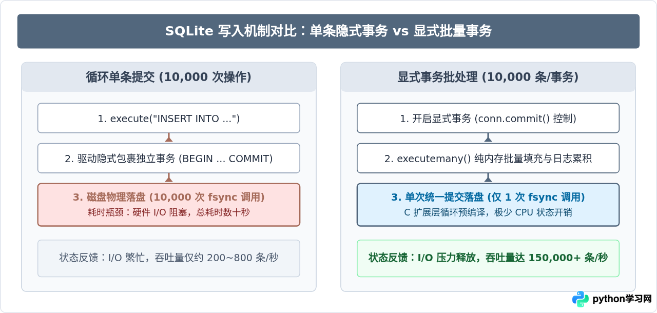 Python sqlite3批量插入优化：executemany与事务性能对比
