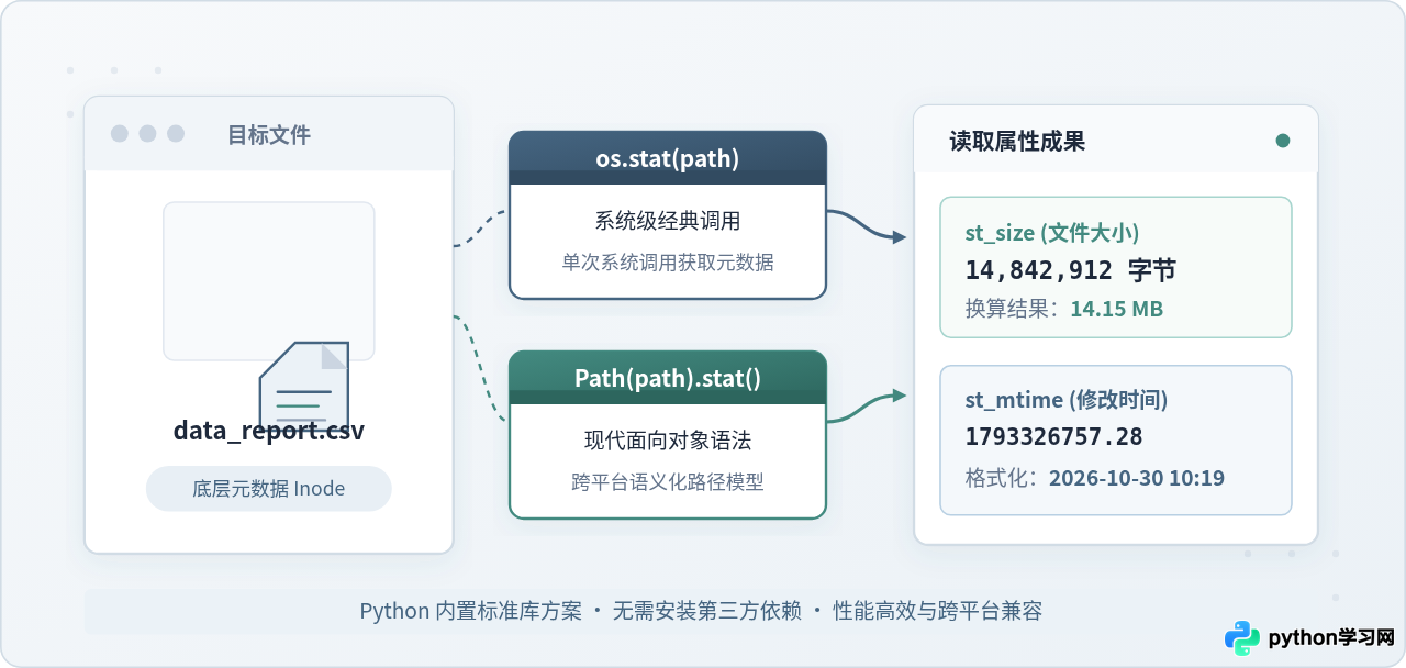 Python怎么获取文件大小和修改时间？os.stat与pathlib属性读取方法