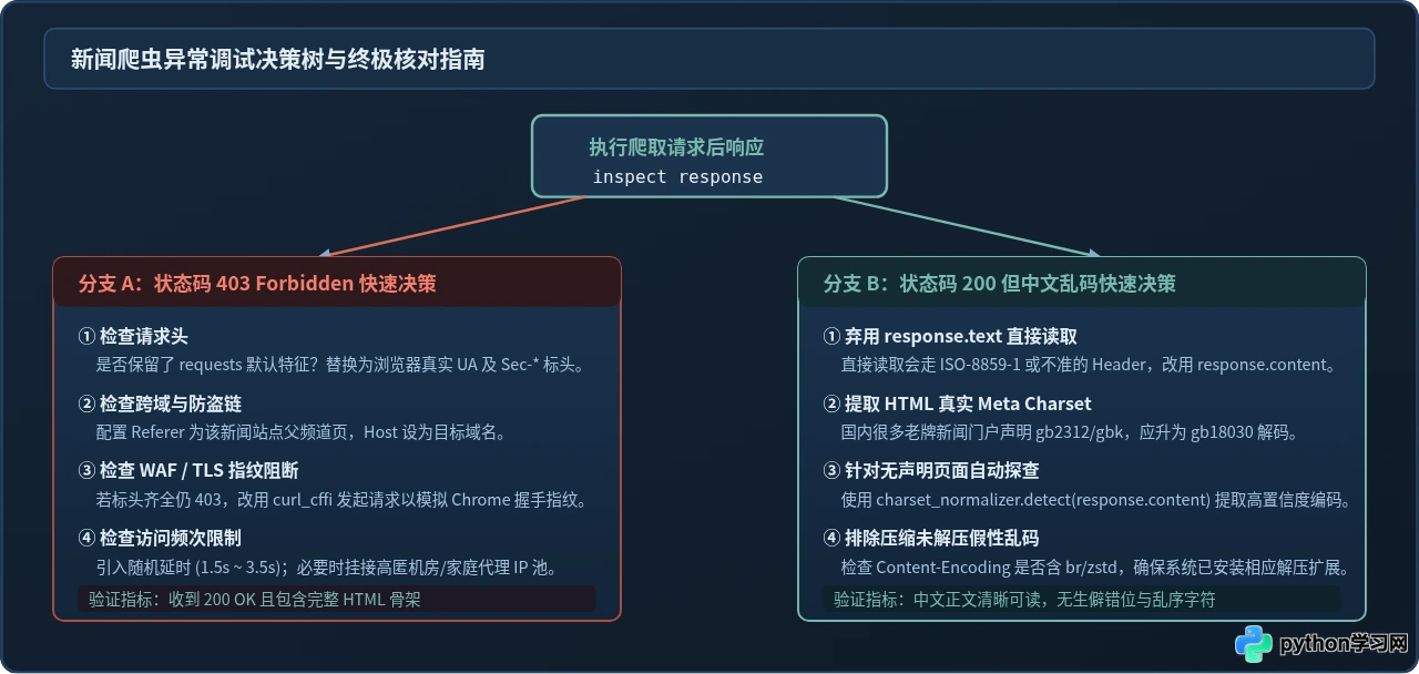 Python新闻爬虫中文乱码与403错误调试指南