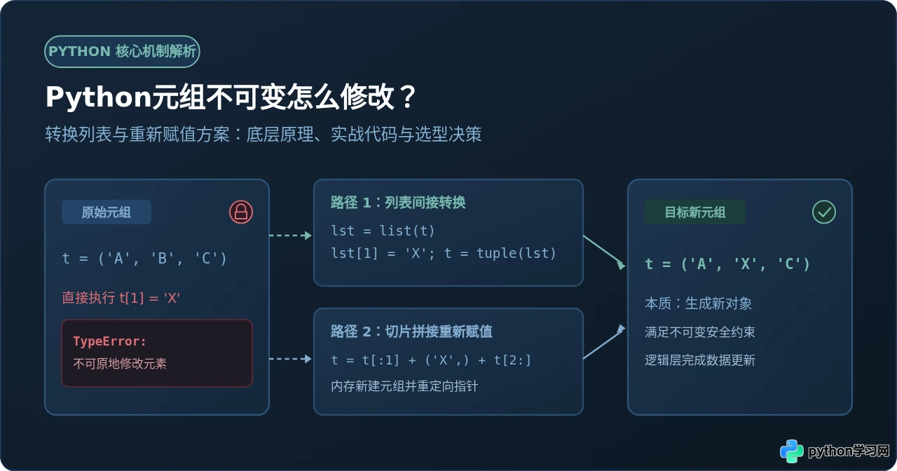 Python元组不可变怎么修改？转换列表或重新赋值方案