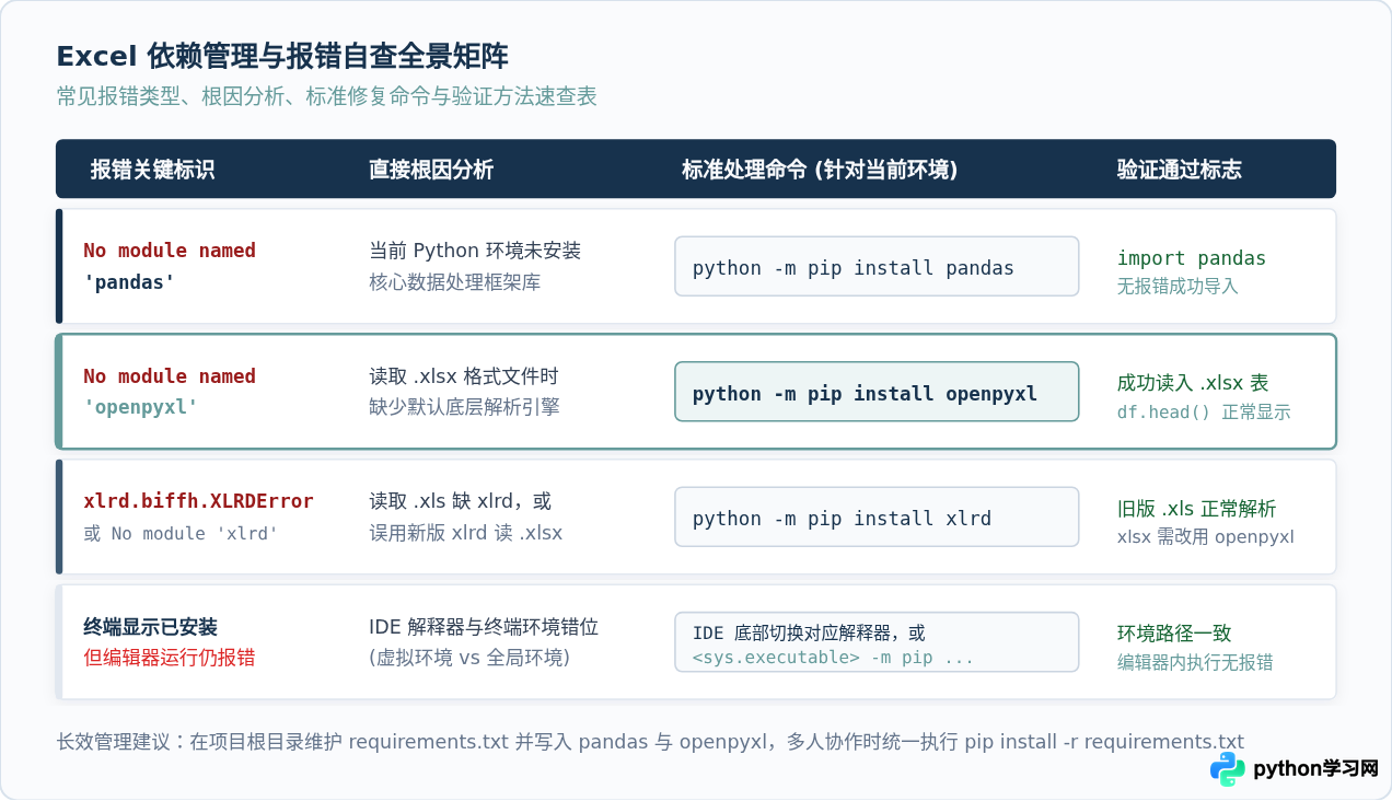 Python读取Excel报错ModuleNotFoundError或依赖缺失怎么解决