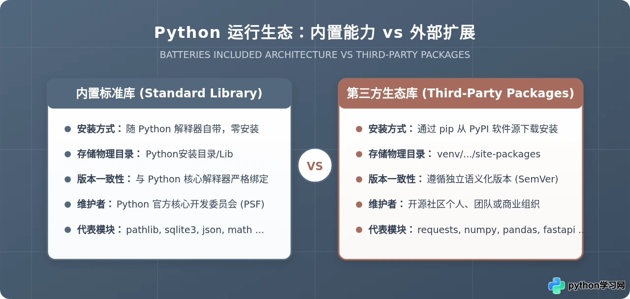 Python标准库与第三方库的区别：哪些功能无需安装额外包？