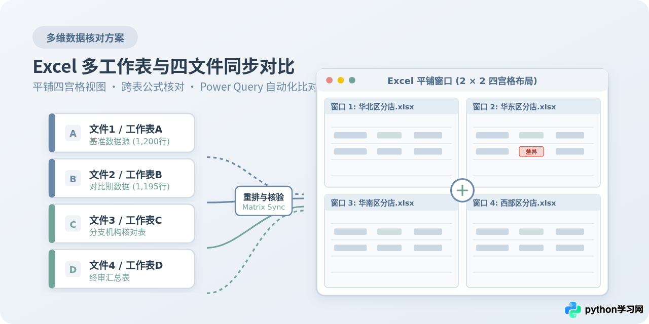 Excel怎么同时对比多个工作表或四个文件的数据