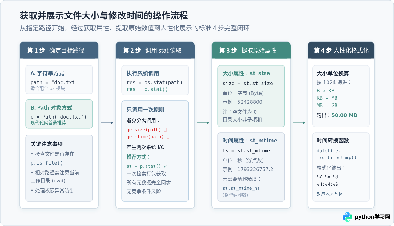 Python怎么获取文件大小和修改时间？os.stat与pathlib属性读取方法