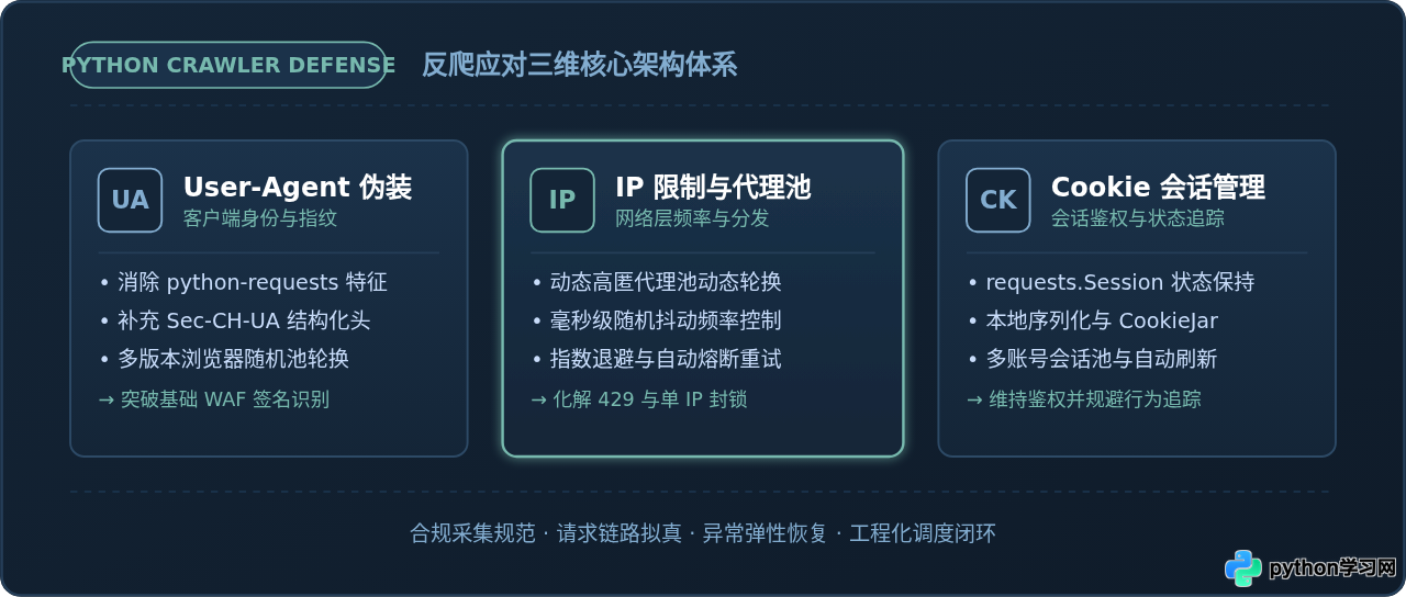 Python爬虫常见反爬策略应对：IP限制、User-Agent伪装与Cookie管理