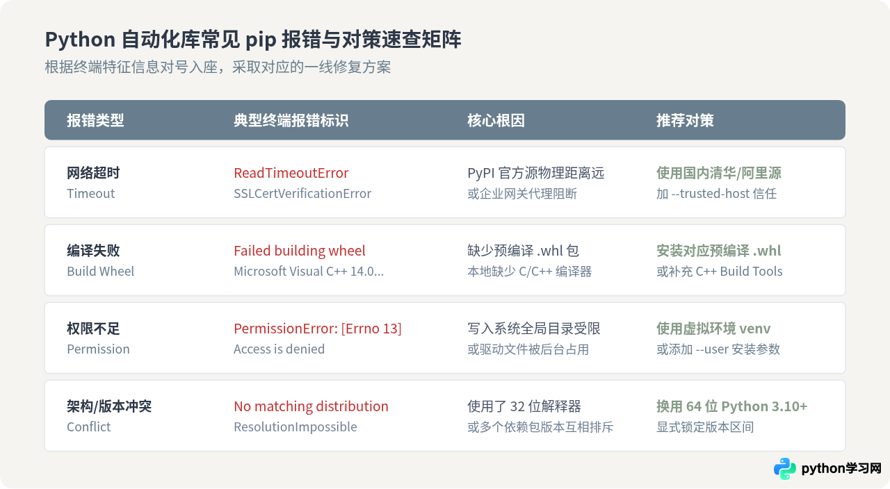Python自动化库pip安装失败怎么解决？常见报错处理