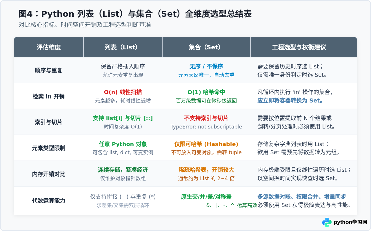 Python开发中何时用列表何时用集合？典型场景选型建议
