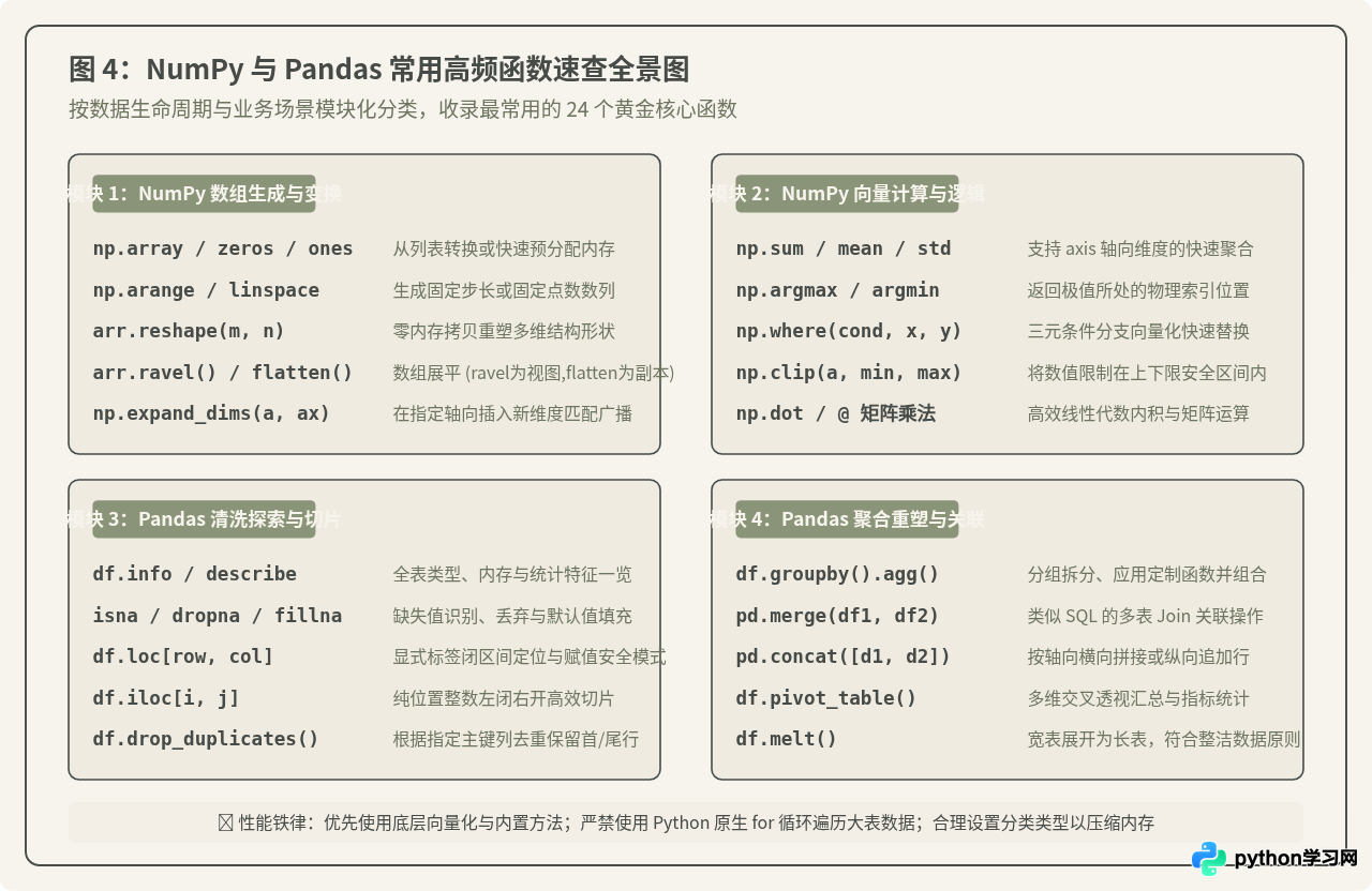 Python数据分析常用库：Pandas与NumPy核心函数速查