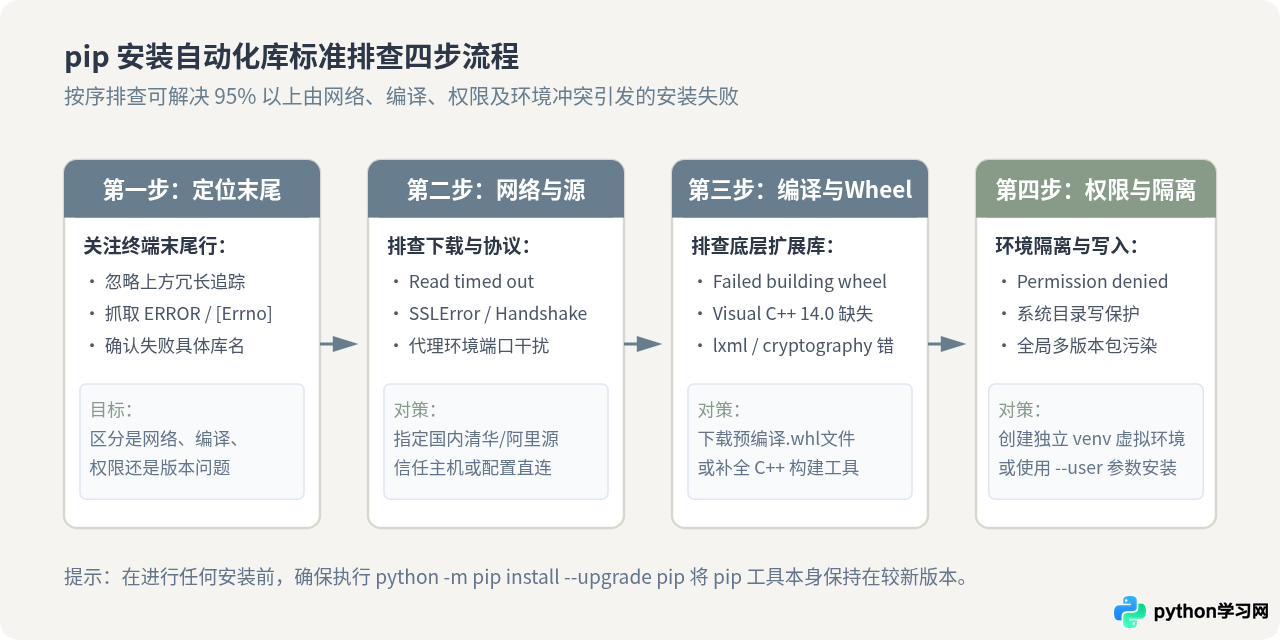 Python自动化库pip安装失败怎么解决？常见报错处理