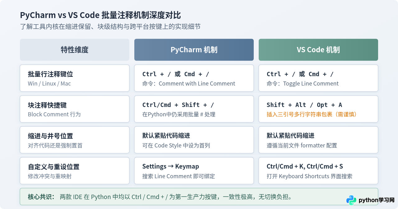 PyCharm和VS Code中Python批量注释快捷键是什么
