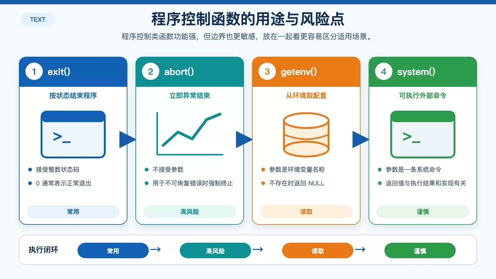 展示 exit、abort、getenv、system 四个程序控制函数的用途、返回特点与使用风险。