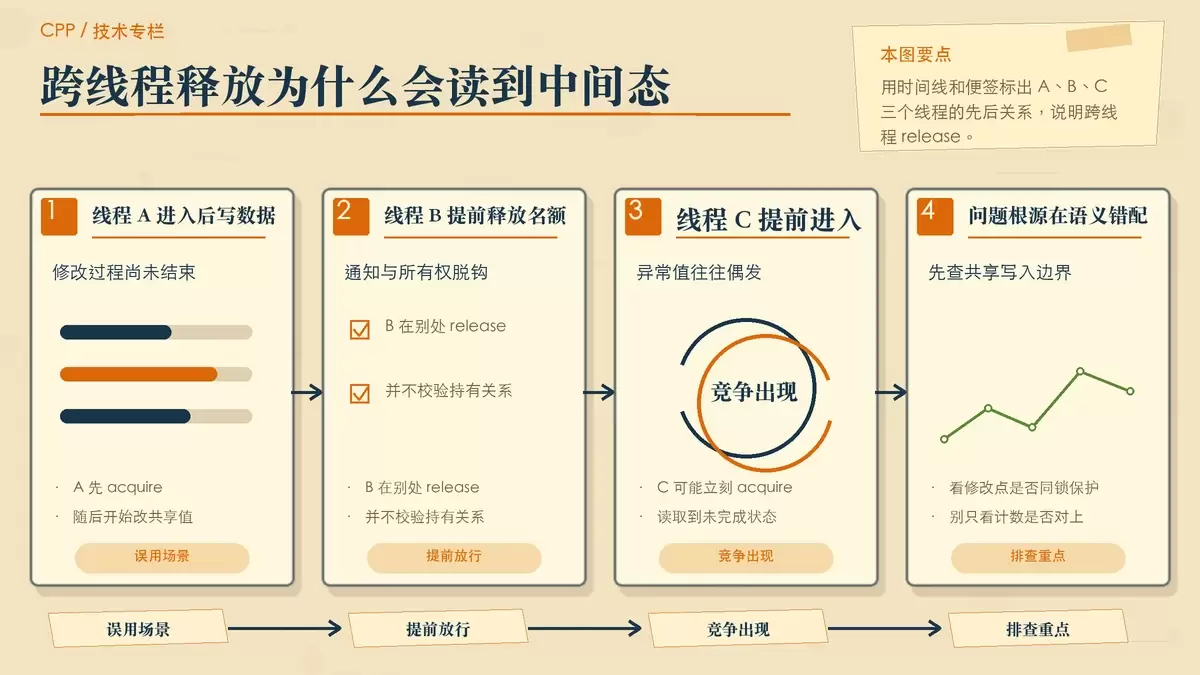 展示把信号量误当互斥量后产生数据竞争的暖色专栏示意图
