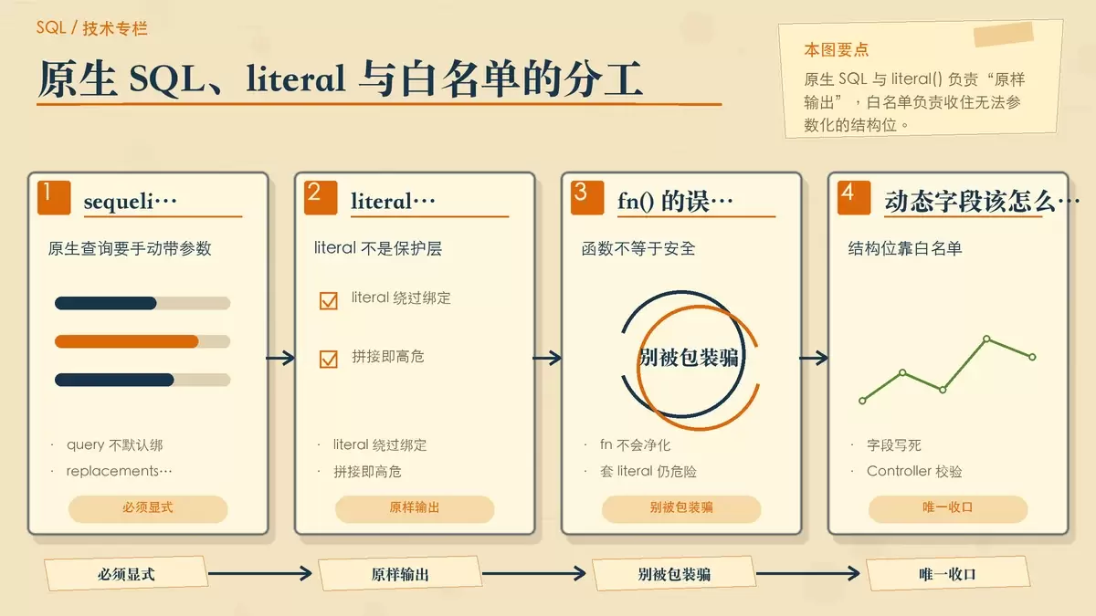 一张暖色专栏风格的编辑插图,说明 sequelize.query、literal()、fn() 与白名单之间的安全关系。