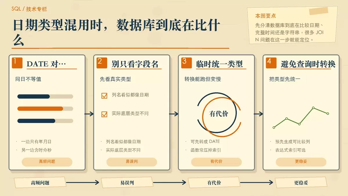 用纸面卡片对比 DATE、DATETIME、TIMESTAMP 与字符串字段的匹配差异