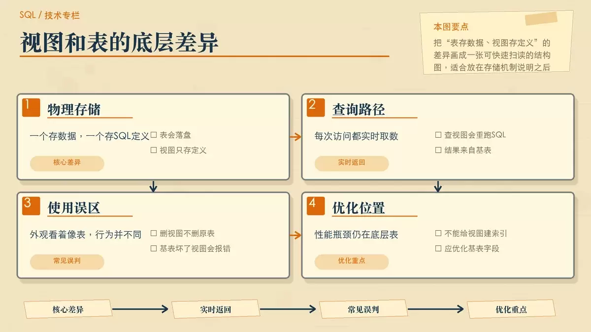 展示 SQL 视图与普通表在存储和查询路径上的区别的暖色专栏手绘图