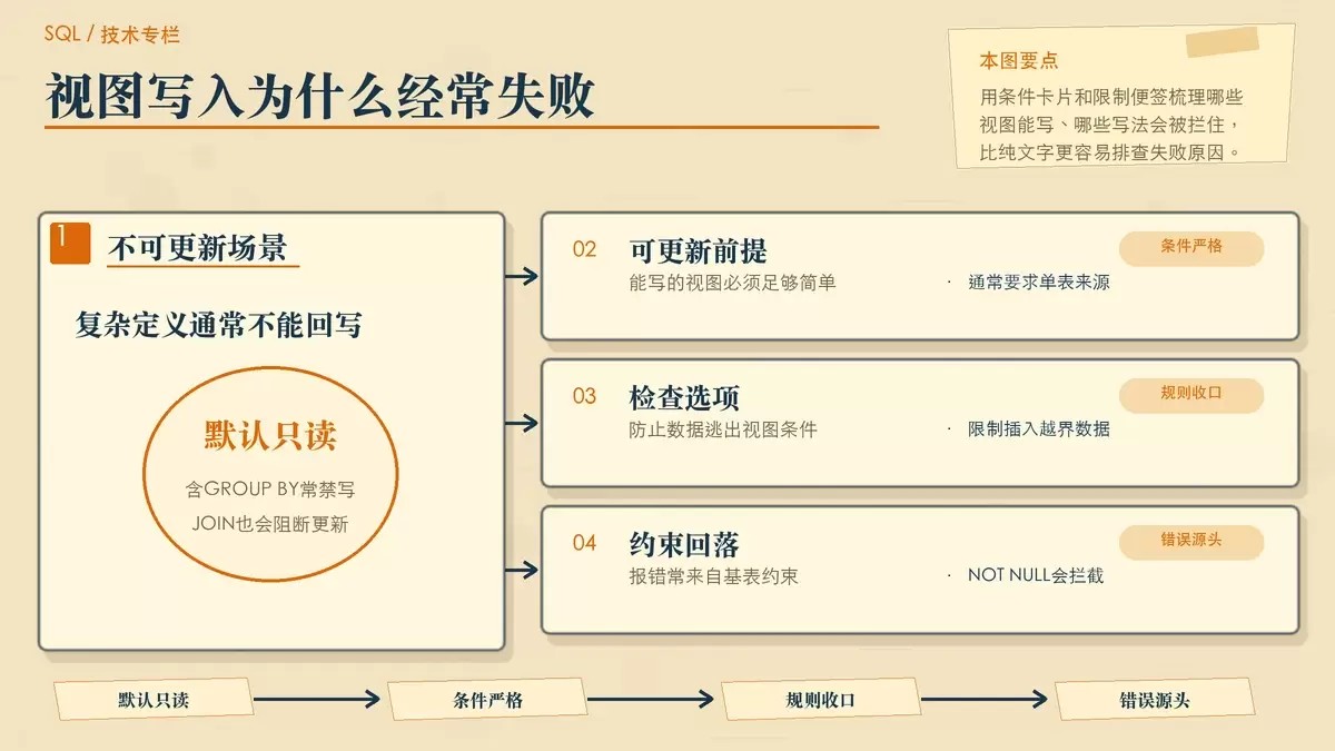 展示视图可写条件与限制的暖色专栏手绘图