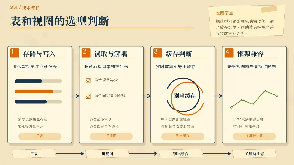 展示何时选表、何时选视图的暖色专栏手绘决策图