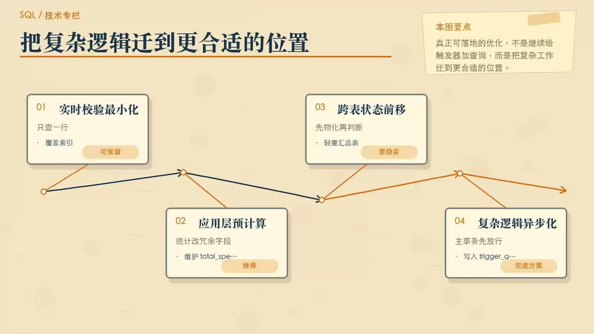 用分栏卡片展示触发器复杂逻辑的替代方案，包括单行校验、冗余字段、汇总表和异步队列。