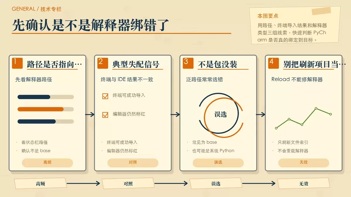 PyCharm 与 Conda 环境错绑时的排查卡片图