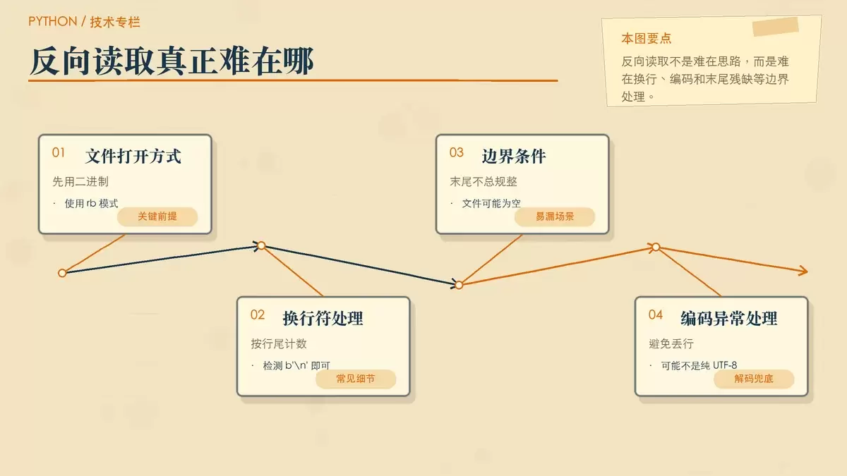 展示 Python 反向读取日志时需要处理的关键边界情况