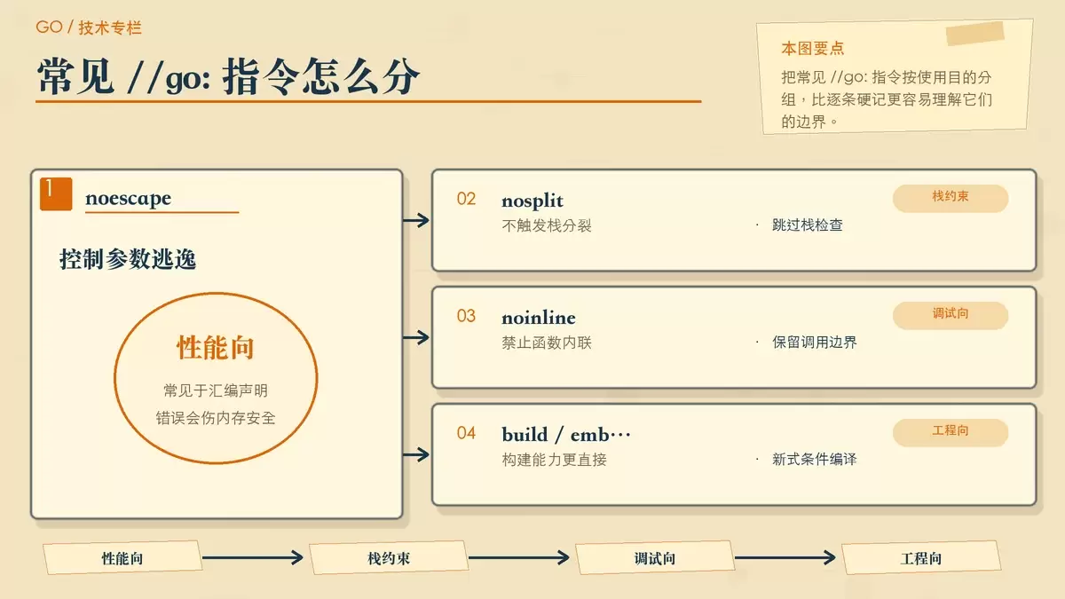 Go 编译指示分类图，展示性能控制、调试约束、构建能力三类常见 //go: 指令及其适用范围