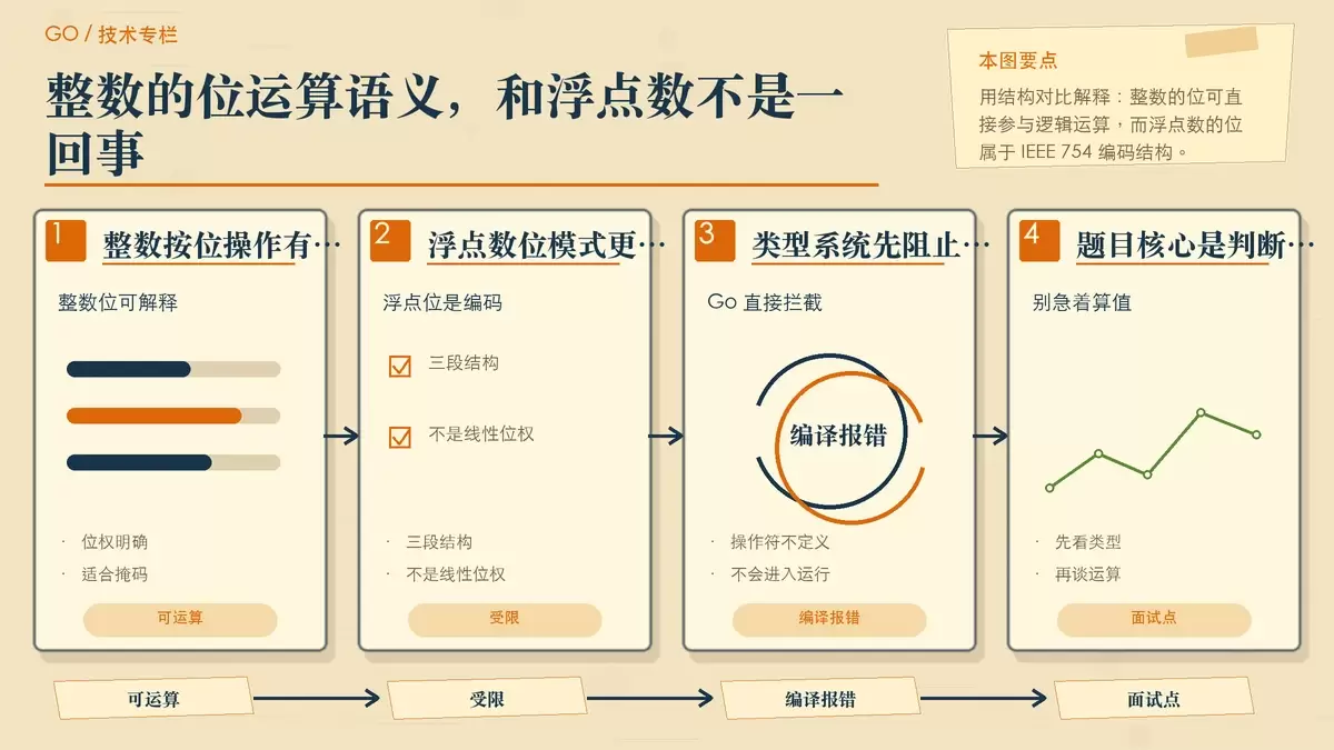 用两栏卡片对比整数位运算与浮点数位表示，说明为什么 float64 不能直接使用按位或。