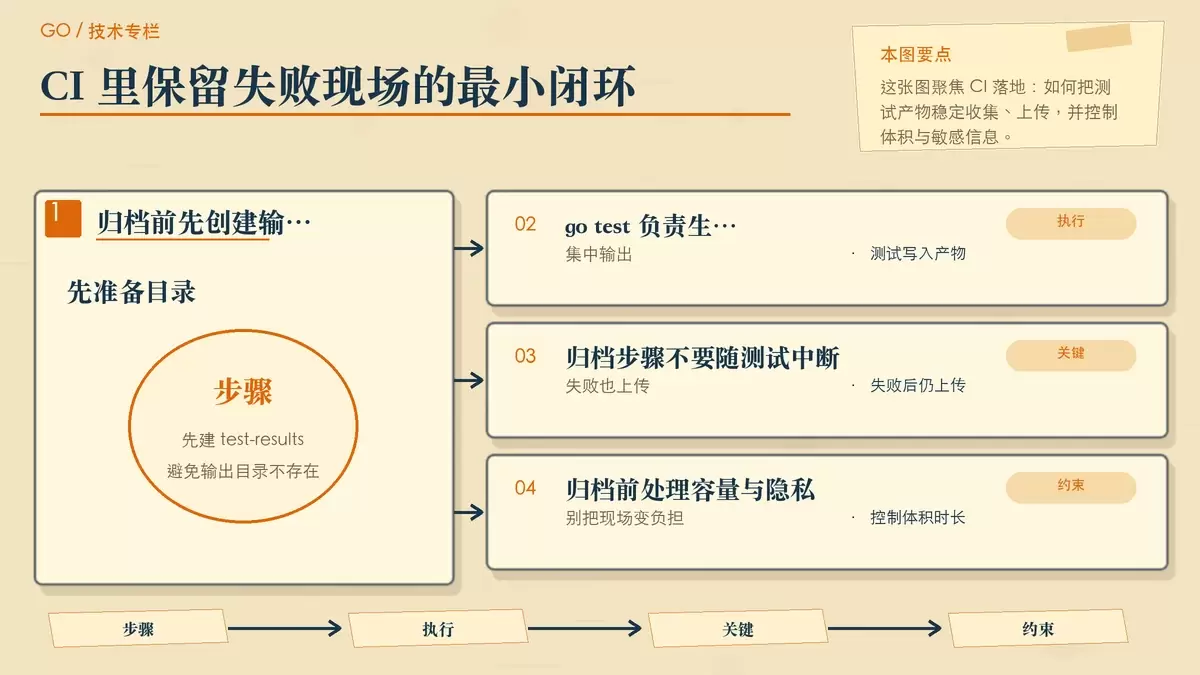 CI 中归档 Go 测试产物的示意图,展示本地目录创建、go test 输出到 test-results、失败后仍上传归档以及敏感信息脱敏提醒。