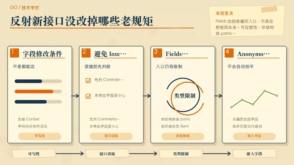 说明 Value.Fields 可设置性、panic 条件与嵌入字段边界的暖色专栏配图