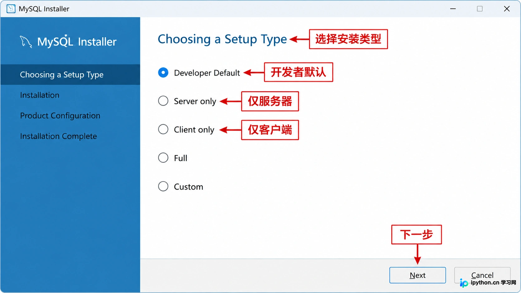 MySQL Installer中的Setup Type选择界面,选中Developer Default