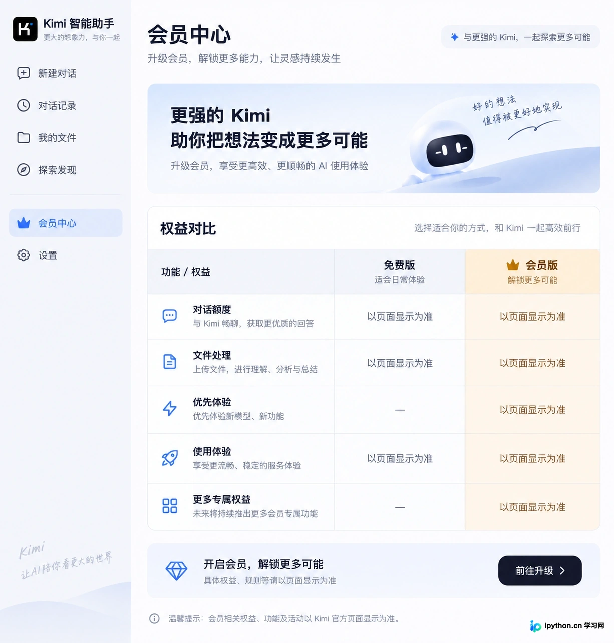 会员中心页面清晰列出免费版与会员版在对话次数、文件大小等方面的权益对比