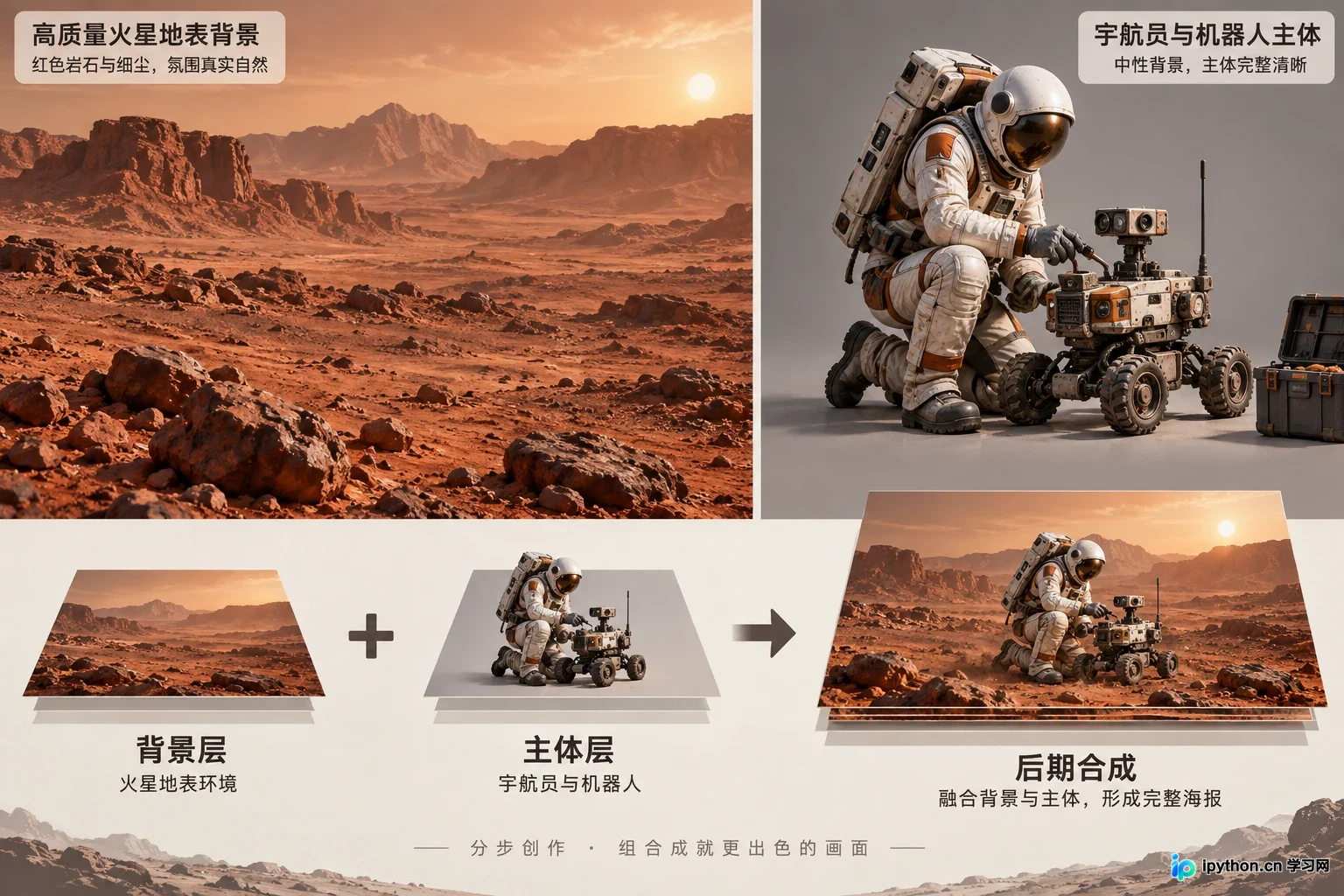 面对复杂指令，将背景与主体分开生成再进行合成，能有效避免AI逻辑错误，提高出图可控性。