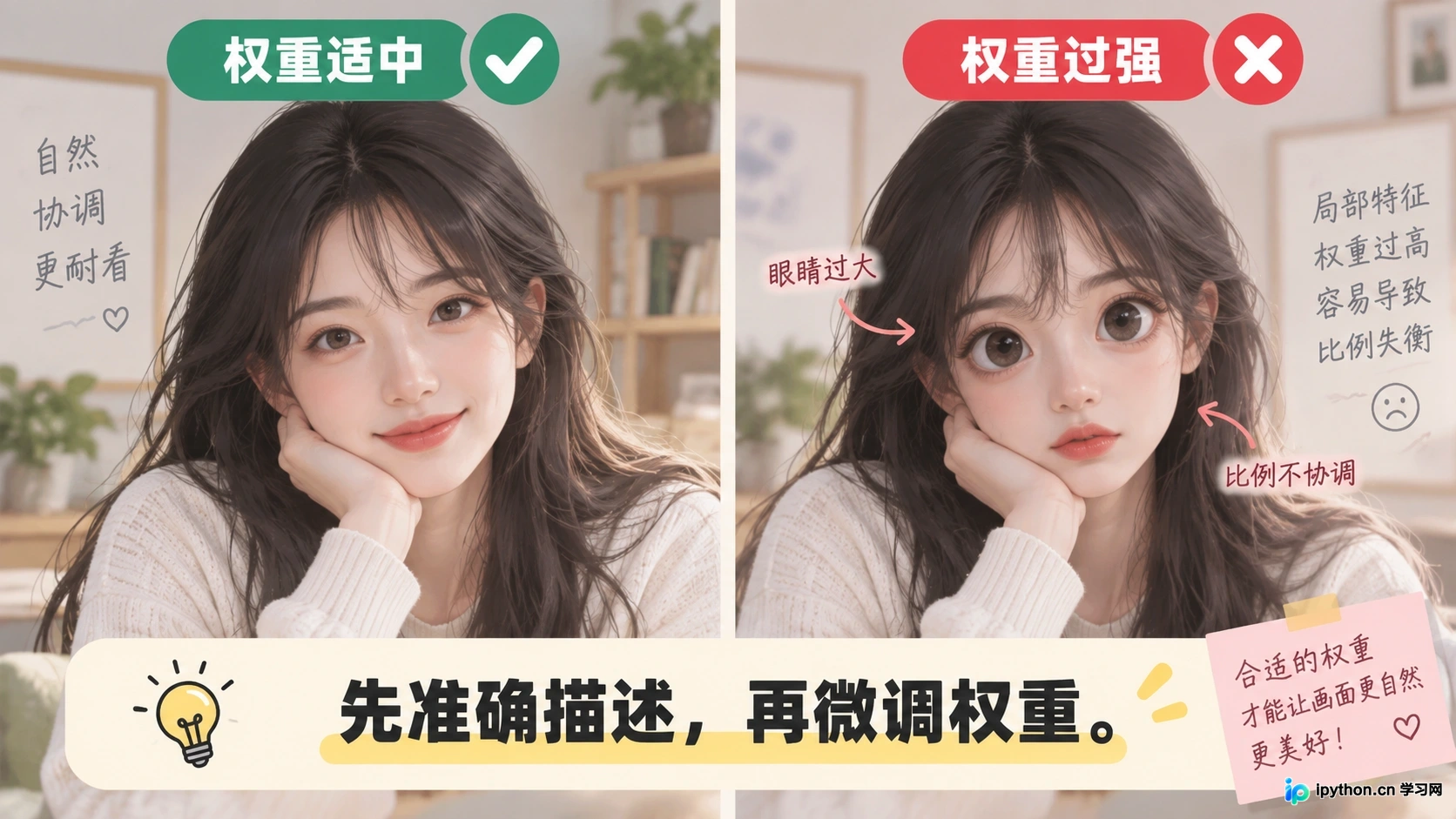 过度使用权重导致人物五官扭曲的负面案例