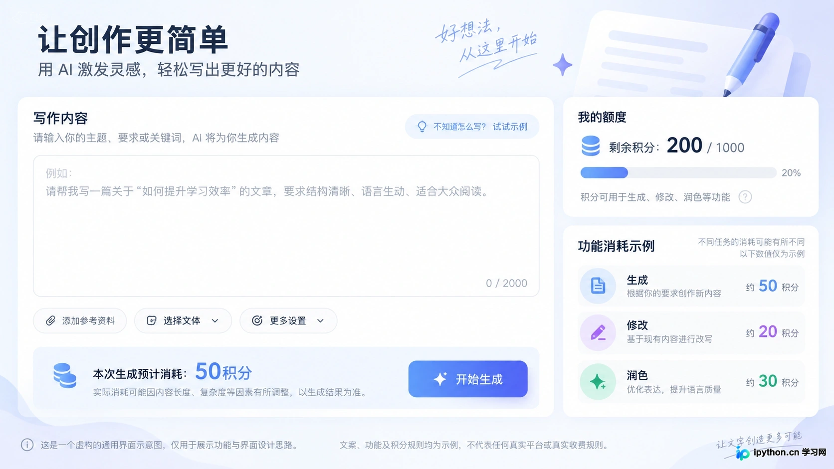 界面清晰展示每次生成所消耗的积分数量及剩余额度