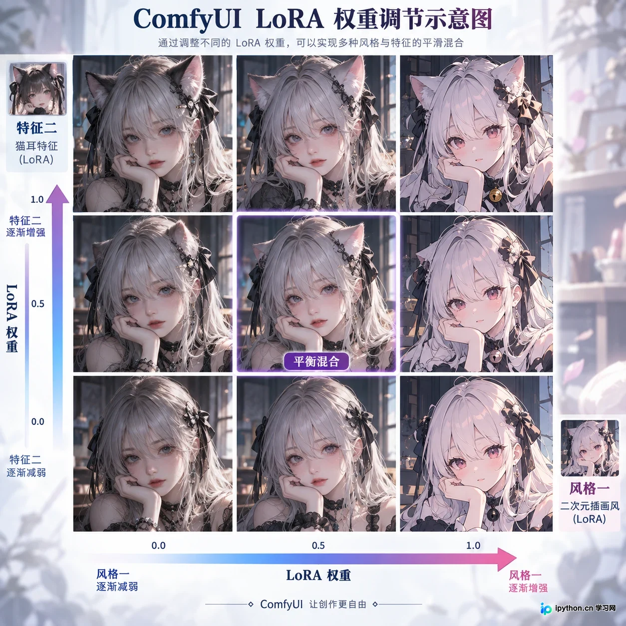 展示不同LoRA权重组合下的角色风格变化